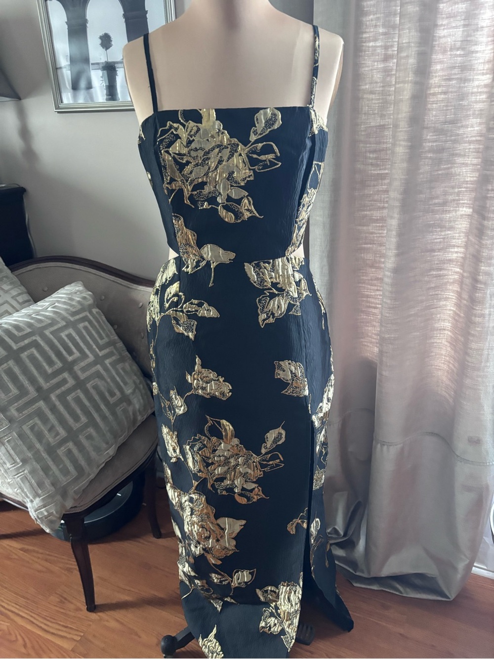 Lulus Black Metallic Gold Floral Brocade Cutout Maxi Dress